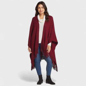 UNBRANDED Women's Warm Winter Wrap Cape with Fringe Red ONE SIZE  Cozy